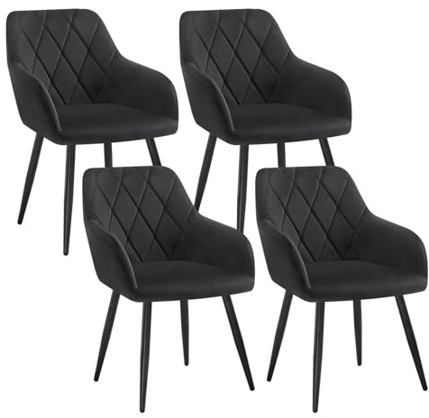 WOLTU Dining Chair Set of 4, Upholstered Armchair with Arms, Metal Legs, Velvet, for Kitchen, Living Room, Lounge, Black, BH352sz-4