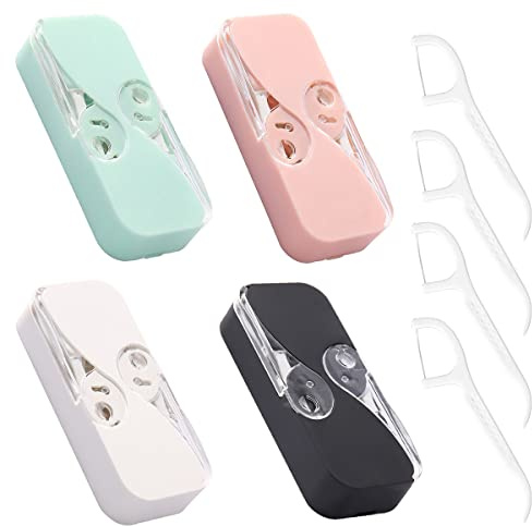 YRAKOZIN [4 Pack] Portable Floss Dispenser with 48 Dental Floss, Flosser Storage Box for Adults, Tooth Picks Holder Suitable for Tourism and Business Trips, White+Black+Pink+MintGreen