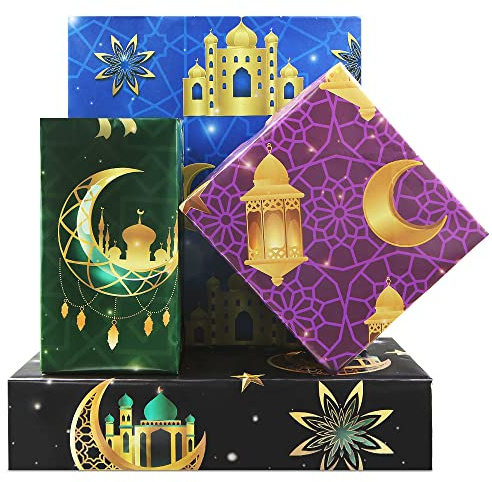Eid Mubarak omslagspapper, 8 ark 4 stilar Eid Mubarak stjärna mån-mönstrat presentomslagspapper, ramadan omslagspapper för Eid Mubarak-gåvor Mubarak-dekorationer, vikta platt 50 x 70 cm per ark