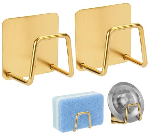 Blueden 2Pcs Adhesive Sponge Holder for Kitchen Sink Essentials, Stainless Steel Dish Soap Holder, Rustproof and Waterproof, Quick Drying, Minimal Size Saves Space, Gold