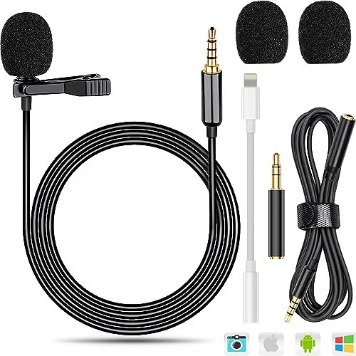 TDDL 3,5 mm Lavalier Mikrofon 2m Mini Omnidirectional Kondensator Lapel Mic mit Light-ning Adapter für PC Laptop und Handy für Interview Podcast Videokonferenz