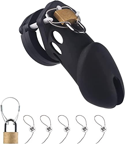Male Penis Cage Chastity Belt, BDSM Bondage Silicone Chastity Cage Chastity Device with 5 Different Sizes Cock Rings Sex Toys for Men (Black)