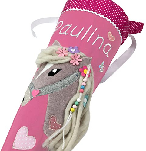 Schultüte/Zuckertüte Pferd mit Namen in rosa zur Einschulung für Mädchen, aus Stoff, mit Kissen bestellbar (Schultüte)