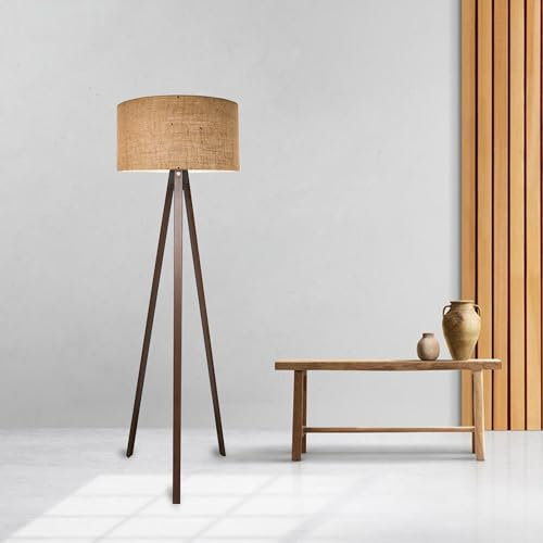 lux.pro Lampadaire Trépied Style Intemporel Lampe sur Pied Élégante LED Luminaire Design pour Salon Chambre Bureau Lampe de Lecture Décorative Stable E27 MDF Tissu Hauteur 140 cm Effet Bois Marron