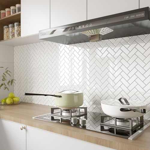 VEELIKE White Herringbone Wall Tiles Self Adhesive 3D Tile Stickers Bathroom 6 Pieces Stick on Tiles for Kitchen Peel and Stick Backsplash Laundry Room Waterproof Renter Friendly Decor 30.5cm × 30.5cm