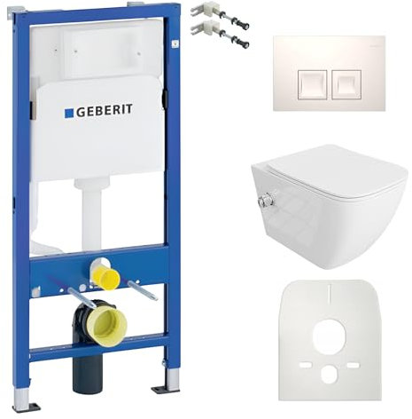 Lavita Duofix Basic Vorwandelement + Wand Tiefspül WC Parana Weiß Spülrandlos + WC Sitz + Bedienplatte Delta 25 Weißer Knopf Komplettset Unterputz Spülkasten Toilette Komplett Sett WC
