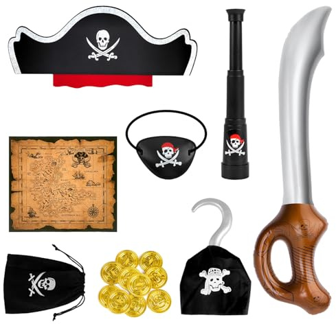 Suloli Kids Pirate Accessories - 17PC Set with Eye Patch, Telescope & More for Halloween & Fancy Dress