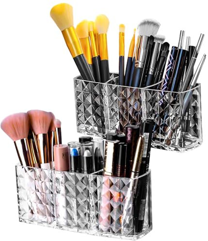 FAOKZE Make Up Organizer,Makeup Pinsel Organizer Becher,2 Stück Make Up Pinsel Aufbewahrung,Acryl Makeup Aufbewahrungsbox,3 Fächern Transparent,für Eyeliners Lippenstift Wimperntusche