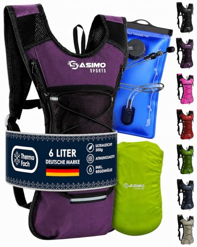 SASMO® Trinkrucksack (Beere) mit Thermofach | Trinkrucksack Laufen - Ultraleicht 300g & 6L | Laufrucksack mit Trinkblase 2l, BPA-Frei | Rucksack mit Trinkblase & Reflektoren | Laufen, Fahrradfahren | Laufrucksack Mit Trinkblase 2 l, Thermofach, Ultraleicht 300 g, 6 Liter, Für Laufen Und Wandern, Beere