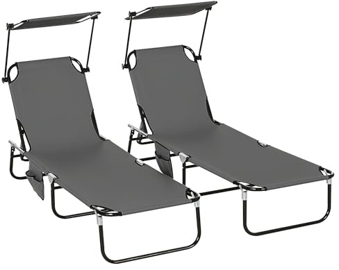Outsunny 2 Piece Folding Sun Loungers with Canopy, Adjustable Recliner Garden Chairs with Side Pocket, Steel Frame and Breathable Mesh for Outdoor, Pool, Beach, Garden, Dark Grey