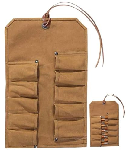 Tool Roll, Canvas Folding Heavy Duty Waxed Canvas Small Tool Bag Tool Pouch for Chisels, Hammers, Gouges Tools