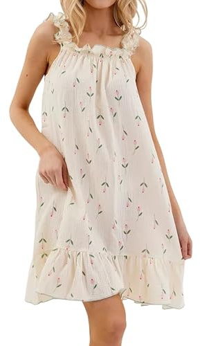 codcm Women's Cotton Gauze Nightgown Sleeveless Ruffle Dress Frill Strap Short House Dress Comfy Sleepdress(Tulip,Small)