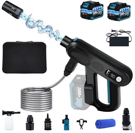 TECKZOON Idropulitrice Portatile Max 120 Bar, 2 Batterie Ricaricabili, Ugello Multifunzione 5 in 1, Senza Fili con Tubo da 5M, Nero