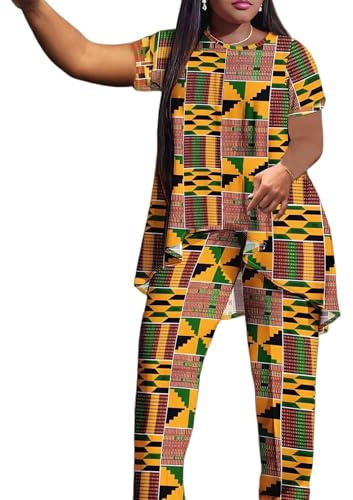 MHJHBBE African Attire for Women 2 Piece Set,Traditional Kente Print Short Sleeve Top Wide Leg Pants,Plus Size 0X-4X Loungewear