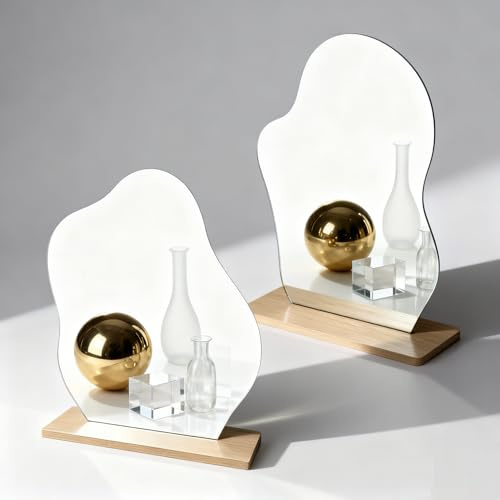 FINELYCR Petit Miroir sur Pied, 2 Pièces Miroir Maquillage, Forme Irrégulière Miroir de Table, Acrylique Petit Miroir sans Cadre, Miroir Nuage avec Base en Bois pour Chambre à Coucher, Hôtel