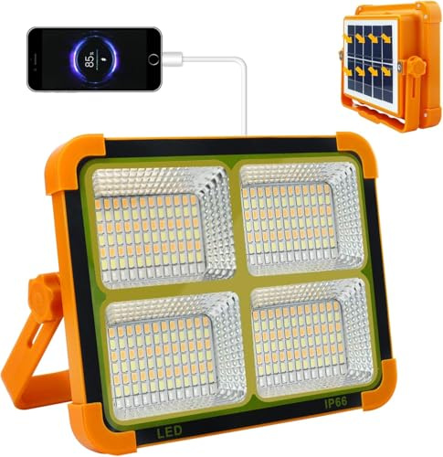 CREATESTAR Lampe de travail solaire LED 100 W, projecteur portable 10 000 lm avec 4 modes d'éclairage, étanchéité IP66, fonction Power Bank, autonomie de la batterie 24 h