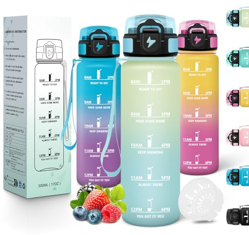 Motswedi Borraccia Bambini, 500ml a Prova di Perdite, Borraccia Motivazionale, Riutilizzabile, Borracce, Senza BPA, Bottiglia Acqua, Borracce Bambini, per Scuola, Sport, Bianco Sporco Azzurro
