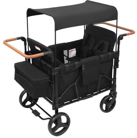 Lemoeyes Wagon Stroller for 4 Kids, Push Pull Collapsible Stroller with 5-Point Safety Harness & Removable Canopy, 4-Seater Stroller Wagon for 0-6 Years Kids, for Camping Shopping (Black, 4-Seater)