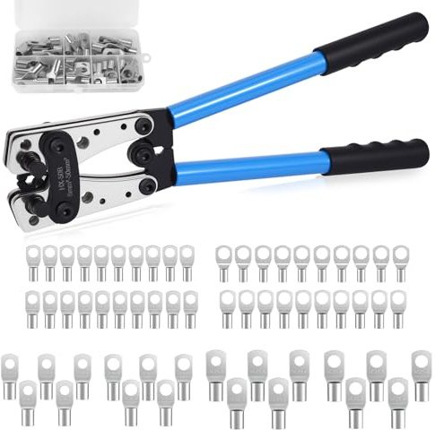 Crimping Tool 60 Pcs Battery Cable Lug Crimping Tools from AWG 1/0-8 Heavy Duty Wire Crimper with Copper Ring Terminals, Cable Lugs, Heat Shrink Tubing Set, Battery Terminals
