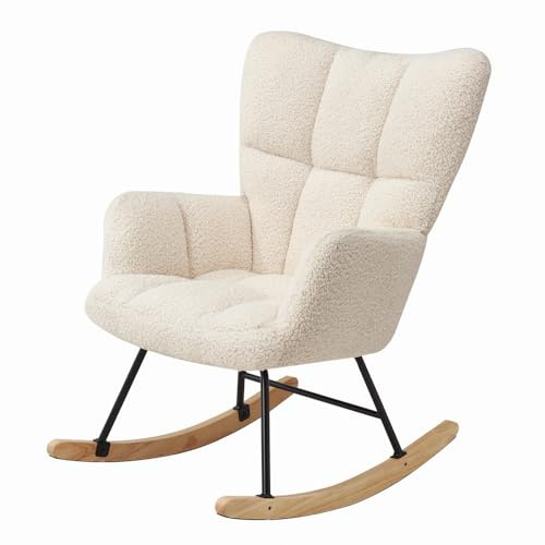 Home Nature Schaukelstuhl aus Holz, bis 150 kg belastbar, Moderner Sessel mit Hoher Rückenlehne, Armlehnen & rutschfesten Füßen, für Wohnzimmer, Outdoor (Normales cremefarbenes)