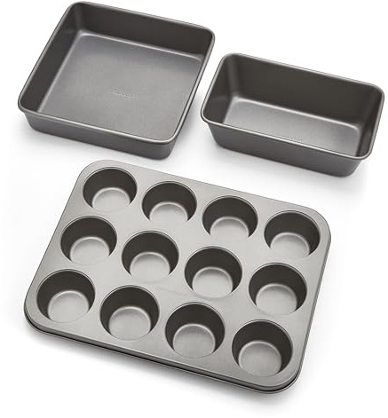 Morphy Richards Non-Stick Bakeware Set – 12 Cup Muffin Tin, 9 Square Cake Tin & 9x5 Loaf Tin – Heavy Duty Carbon Steel, Oven & Dishwasher Safe, 849008