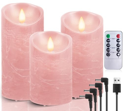 AiiBowy LED Kerzen Aufladbar Echtwachs 3er-Set mit timerfunktion, Flackernde Flamme, LED Kerzen Adventskranz, LED Stumpenkerzen Outdoor für Halloween Weihnachten Party Dekoration Rosa