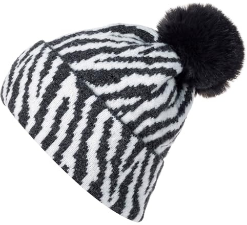 styleBREAKER Damen Bommelmütze Strick mit Zebra Muster | warme Strickmütze mit Kunstfell Pompon | elastische Winter Beanie Pudelmütze Viskose