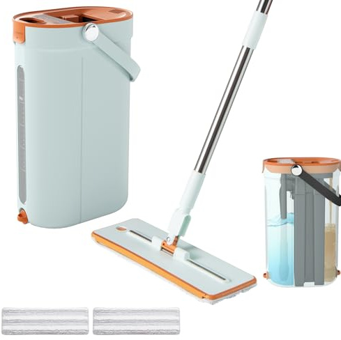 LIFEZEAL Wischmopp Set mit Eimer, 2 in 1 Putzeimer mit Mopp & Tücher, Home Bodenwischer Set, 2-Kammer-System Freihändiger Bodenreinigungssystem für Alle Böden (Grün+2 Mikrofasertücher)