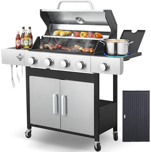 IdeaMaxx Propane Gas Grill 4 Burner, 49,000 BTU Outdoor BBQ Grill with Side Burner, Porcelain Cast Iron Grates & Stainless Steel, Fast Heating for Backyard, Camping, Tailgating