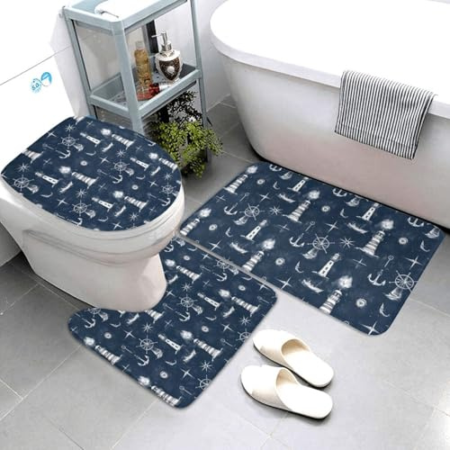 Nevjipu Set di 3 tappeti da bagno con stampa di fari blu navy, assorbenti, antiscivolo, lavabili, a forma di U, tappetino per il contorno del WC, tappetino per doccia, tappetino da bagno per WC e
