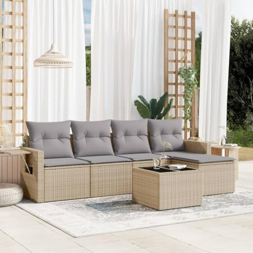 Owoxanthellate Set di 6 divani da giardino in polyrattan beige 55 x 62 x 69 cm con ripiani pieghevoli, cuscini spessi e tavolo in vetro robusto modulare per terrazze, balconi e piccoli spazi esterni