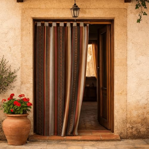 Donegal Collections - Cortina Alpujarreña 140x260 cm Morellana - Cortina Puerta Exterior Rusticas - Diseño con Trabillas Rústico - Tejido Jacquard Resistentes
