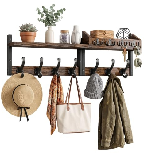Sifxouped Perchero de pared de madera con estante y tablero para llaves, perchero 4 en 1 con 11 ganchos, organizador rústico para pasillo, entrada y baño, madera maciza, marrón vintage, 67 x 22,5 x 11