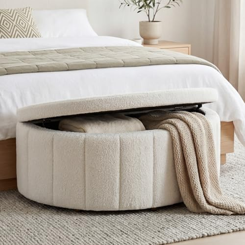 TecTake® Polsterbank, 108 x 48 x 38,5 cm, mit Stauraum, 150 kg belastbar, Polsterdeckel mit Gasdruckfeder, Sitzbank, Komfortbank, gepolsterte Bank, Polster Sitzbank, Bank mit Polster - Bouclé Creme