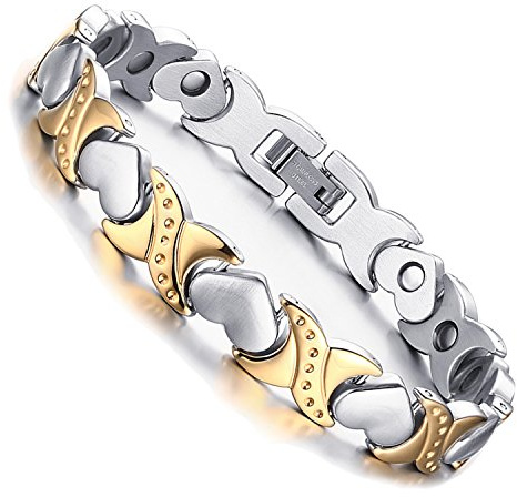 Flongo Bracelet Acier Inoxydable Femme Pierre Magnétique Coeur Manchette Chaîne de Main Or Argent Bijoux Cadeau Anniversaire Fête des Mères