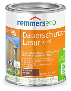 Remmers Dauerschutz-Lasur [eco] nussbaum, 0,75 Liter, Langlebig, ausgeprägter UV-Schutz, für innen und außen, Schutz vor UV-Strahlung & Feuchtigkeit | Langlebiger Schutz vor UV-Strahlung & Feuchtigkeit | geeignet für innen und außen | tuchmatt