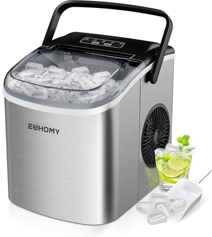 EUHOMY Máquina de Hielo 12Kg/24H, 9 Cubos en 6 Minutos, Maquina de Hacer Hielo Autolimpiable, 2 Tamaños de Hielo, con aAsa, Pala para Hielo y Cesta, Sirva Para Casa/Cocina/Oficina/Bar Gris