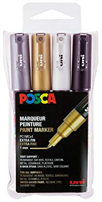 POSCA - Uni Mitsubishi Pencil - 4 marcadores metálicos PC1MC - Posca Punta cónica extra fina - Marcadores de pintura a base de agua - para papel, textil, vidrio, guijarro, madera, etc.