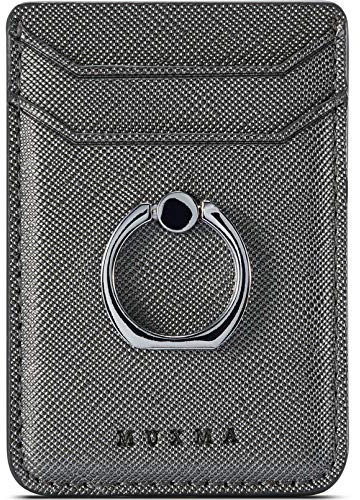 TOPWOOZU Phone Card Holder with Ring Grip for Back of Phone,Adhesive Stick-on Credit Card Wallet Pocket for iPhone,Android and Smartphones Gun Metal