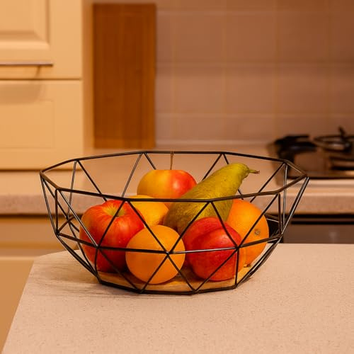 HomeZone Black Geometric Metal Wire Bowl Wooden Base Fruit Vegetable Display Basket Decorative Storage Home Kitchen Living Basket Modern Décor