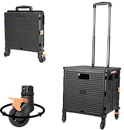 Foldable Utility Cart Folding Portable Rolling Crate Handcart with Durable Heavy Duty Plastic Telescoping Handle Collapsible 4 Rotate Wheels for Travel Shopping Moving Luggage Office Use (Black+Black)