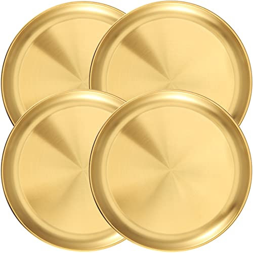 JOIKIT 4 Pack 10 Inch Gold Stainless Steel Plate, Round Metal Dinner Plates, Kitchenware Dinner Dishes Serving Tray Large Camping Plates for BBQ, Snack, Food Serving, Dishwasher Safe