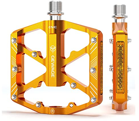 GEWAGE Bike Pedals With Reflective Strips, 3 Sealed Bearings Non-Slip CNC Aluminum Bicycle Platform 9/16 Pedals For Road Bike MTB E-Bike. (Gold)
