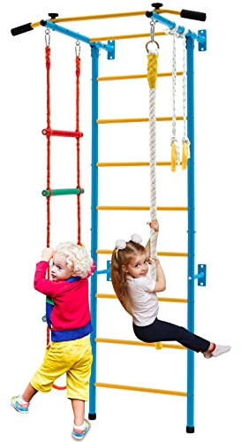 COSTWAY Klättervägg, ribbstol metall, gymnastikvägg för barn, klätterställning 107 x 83 x 223 cm, heminredning för barn och vuxna upp till 100 kg (gul och blå)