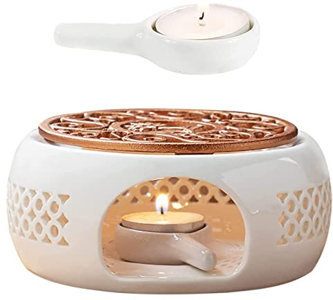 Scalda Teiera in Ceramica, Fornello Teiera con Stuoia e Portacandele, Scaldino per Teiera Design Cavo, Scalda tè in Porcellana, Base Scalda Caffè per Mantenere Caldi tè e Caffè (bianco)