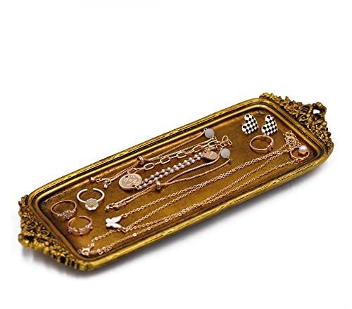 Vintage Gold Jewelry Decorative Tray, Perfume Organizer Jewelry Dresser Organizer Tray,Bathroom Dresser Vanity Tray -11.5 x 4 inches