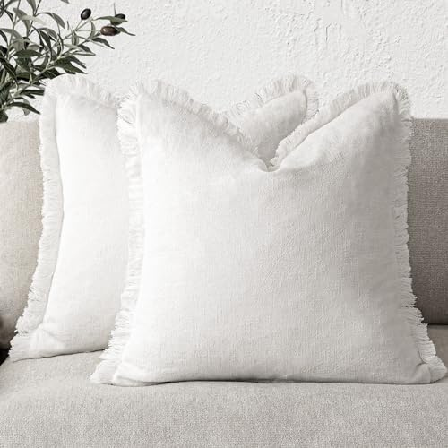 Foindtower Set of 2 Decorative Linen Throw Pillow Covers with Fringe, Cosy Boho Rustic Farmhouse Cushion Covers with Tassels for Sofa, Couch, Bed, Living Room, Home Decor, 46 x 46 cm, White