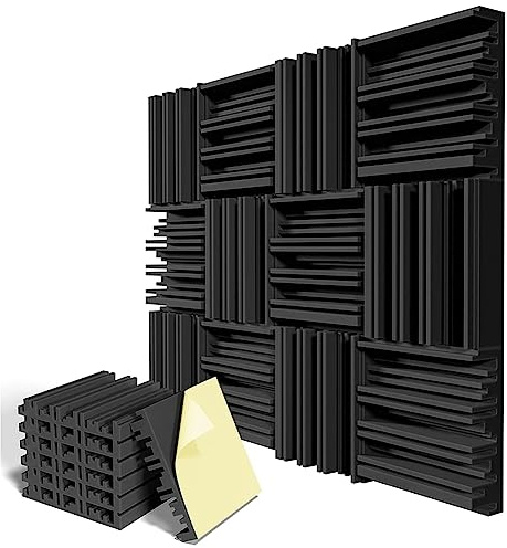 FURREN 12Er-Pack Selbstklebende Schallschutzschaumplatten, 12 X 12 X 2 Akustikschaum, Hochelastische Schallschutzpolsterung - Schwarz