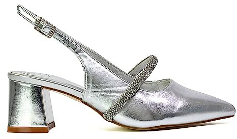 ESSEX GLAM Womens Low Heel Bridal Shoes Ladies Pull On Slingback Diamante Strap Wedding Party Pointed Toe Courts Pumps Size 3-8