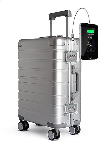 TOKYOTO Aluminium-Kabinenkoffer Silber mit USB Leicht Hartschale Moderner Reisekoffer für Jugendliche und Erwachsene Doppelrollen TSA-Schloss 55x35x20 Trolley Handgepäck 55x40x20 cm Silver Logo